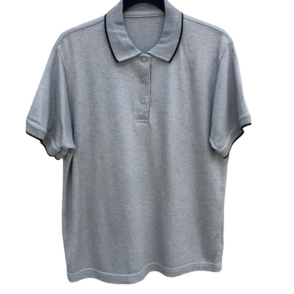 Vintage 80s Grey Ribbed Knitwear Short Sleeve Polo M Preppy Old Money Minimalist